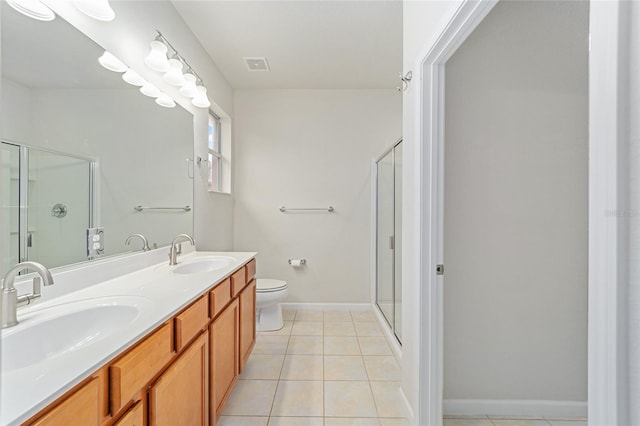 full bath featuring tile patterned floors, visible vents, a shower stall, and a sink