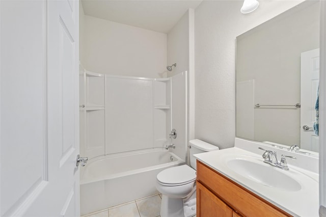 full bath with tile patterned floors, shower / washtub combination, toilet, and vanity