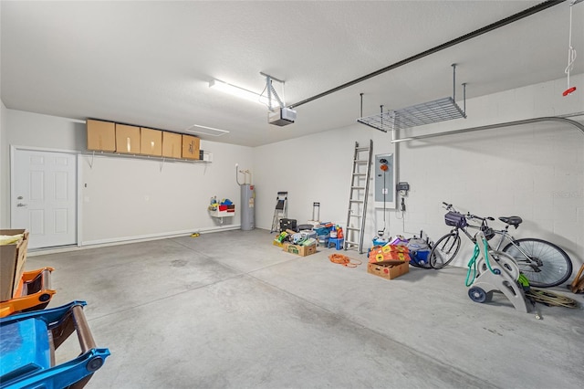 garage featuring electric panel, concrete block wall, a garage door opener, and water heater