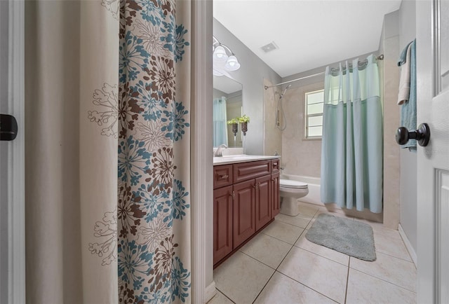 bathroom with visible vents, toilet, shower / bath combo, tile patterned flooring, and vanity