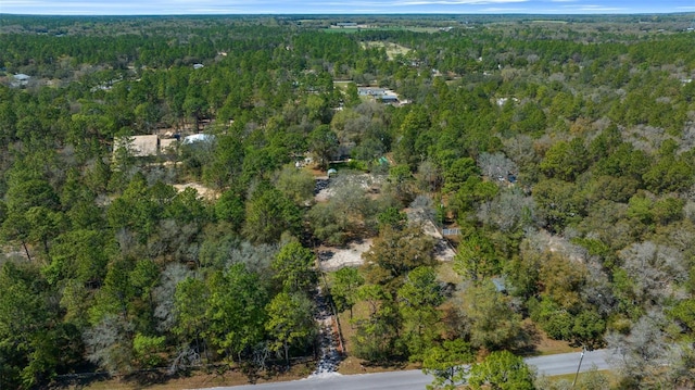 bird's eye view with a wooded view