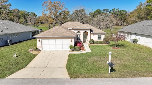 ranch-style home with stucco siding, a front lawn, cooling unit, concrete driveway, and an attached garage