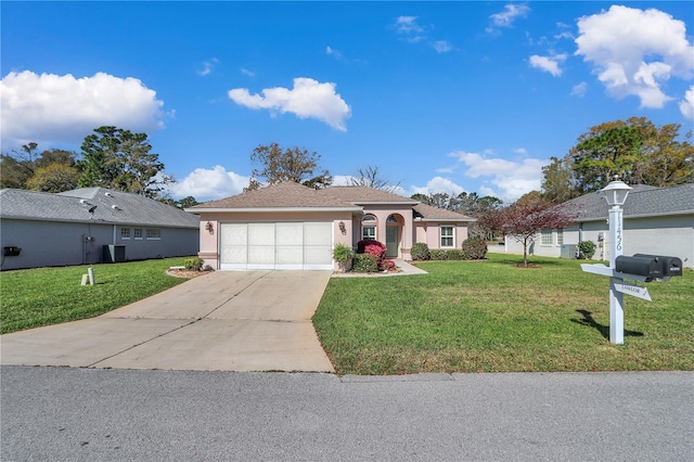 ranch-style house featuring stucco siding, an attached garage, concrete driveway, and a front yard