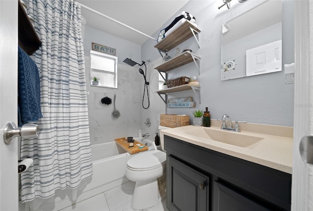 full bathroom featuring vanity, toilet, and shower / tub combo with curtain