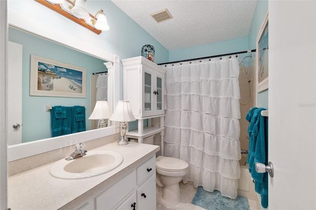 full bath with visible vents, toilet, shower / bath combo, a textured ceiling, and vanity