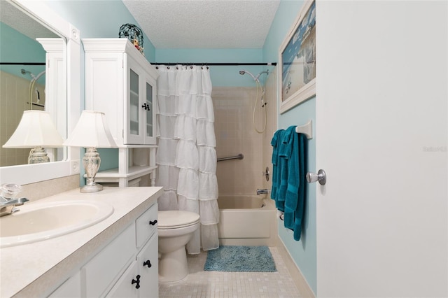 bathroom with toilet, a textured ceiling, shower / tub combo, tile patterned flooring, and vanity