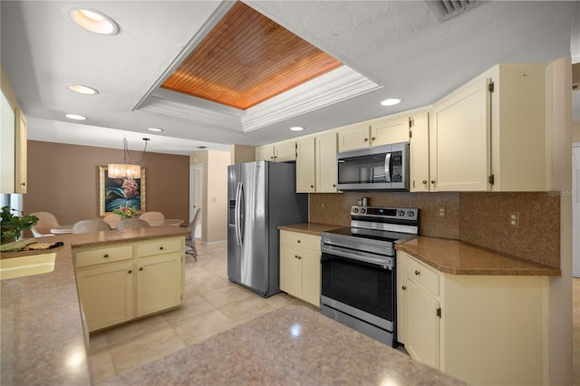 kitchen with pendant lighting, recessed lighting, stainless steel appliances, decorative backsplash, and a raised ceiling