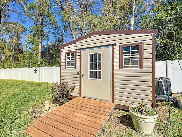 view of shed with a fenced backyard