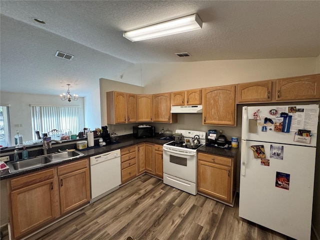 kitchen with under cabinet range hood, visible vents, white appliances, and a sink