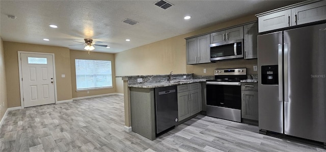 5975 NW 6th Pl, Ocala, FL 34482 - kitchen with visible vents, a ceiling fan, appliances with stainless steel finishes, and a peninsula