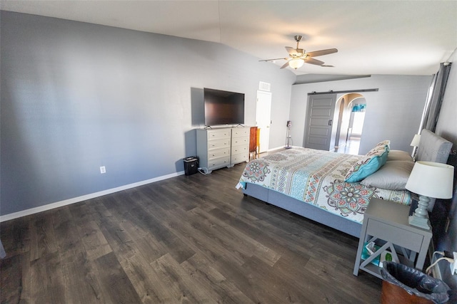 bedroom with a ceiling fan, baseboards, arched walkways, vaulted ceiling, and dark wood-type flooring