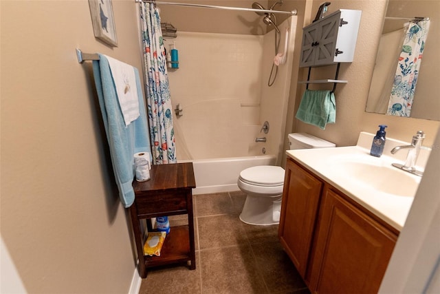 full bath featuring vanity, tile patterned floors, shower / tub combo, and toilet