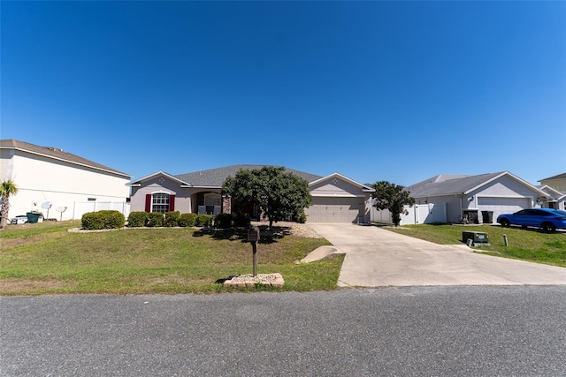 single story home with driveway, a front lawn, and fence