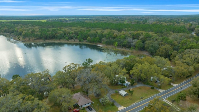 birds eye view of property featuring a wooded view and a water view