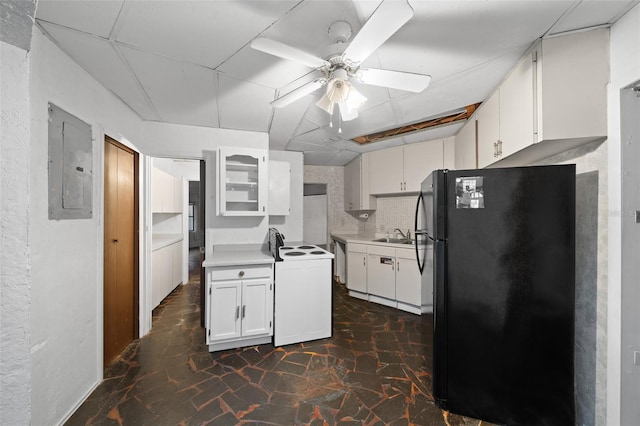 kitchen featuring electric panel, freestanding refrigerator, white electric stove, white cabinets, and light countertops