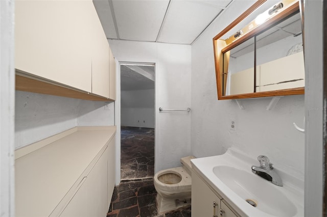 bathroom with toilet, vanity, and stone finish floor