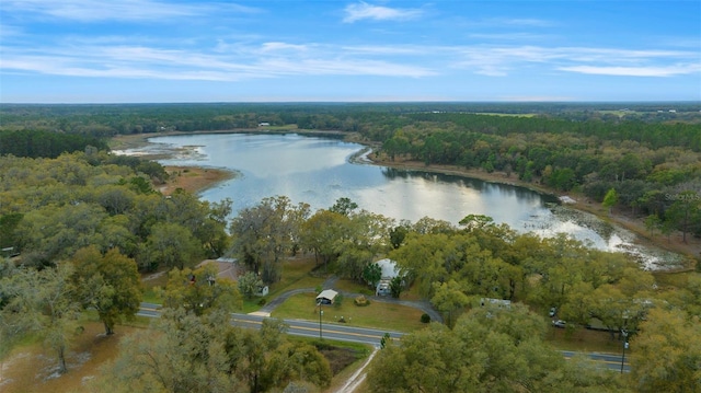 drone / aerial view featuring a view of trees and a water view