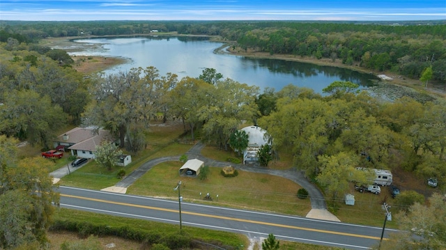 birds eye view of property featuring a forest view and a water view