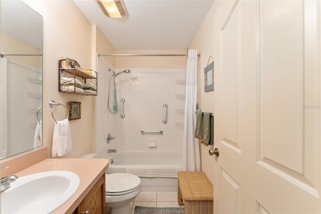 full bath featuring a textured ceiling, toilet, vanity, shower / tub combo with curtain, and tile patterned flooring