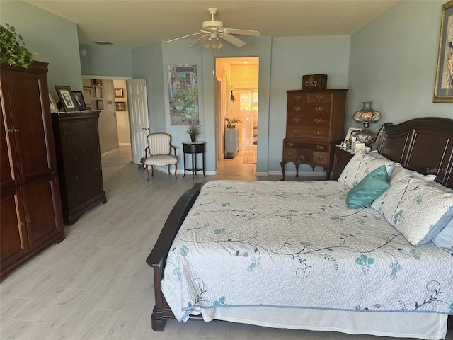 bedroom with visible vents, baseboards, and light wood finished floors