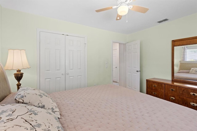 bedroom with a closet, visible vents, and ceiling fan