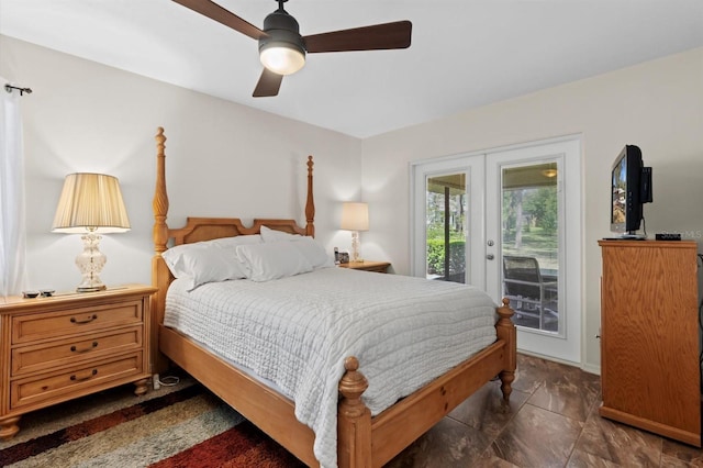 bedroom with french doors, ceiling fan, and access to outside