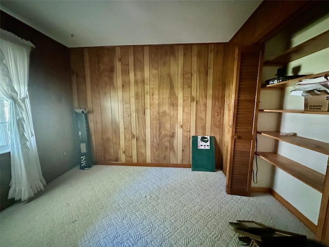 carpeted spare room featuring wooden walls and baseboards