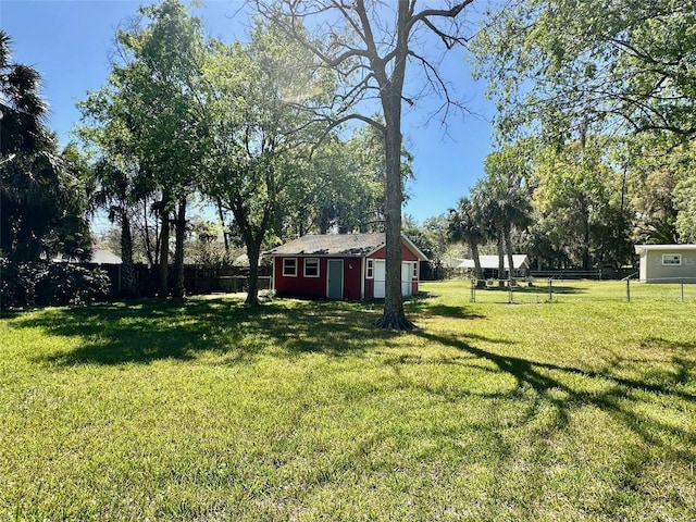 view of yard featuring an outbuilding and a fenced backyard