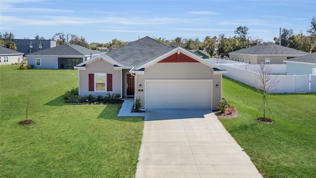 ranch-style home with driveway, a front lawn, fence, a shingled roof, and a garage