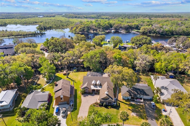 drone / aerial view with a residential view, a view of trees, and a water view