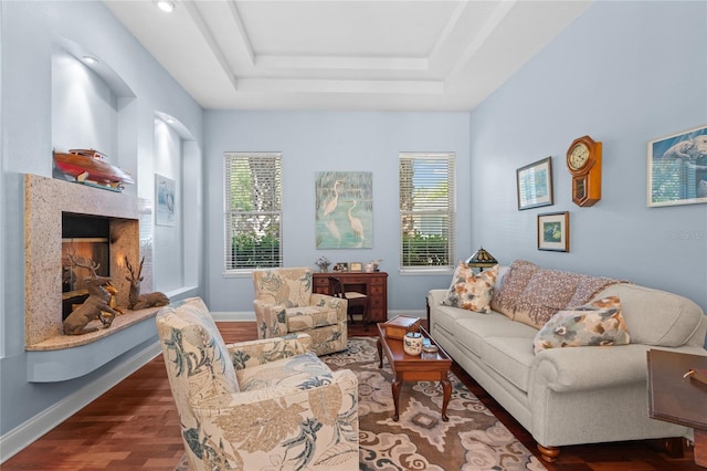 living area featuring a high end fireplace, a raised ceiling, baseboards, and wood finished floors