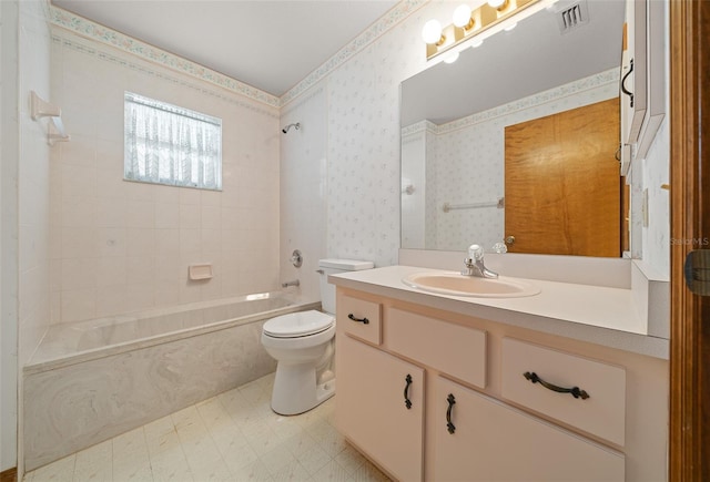 bathroom with wallpapered walls, toilet, visible vents, and shower / washtub combination