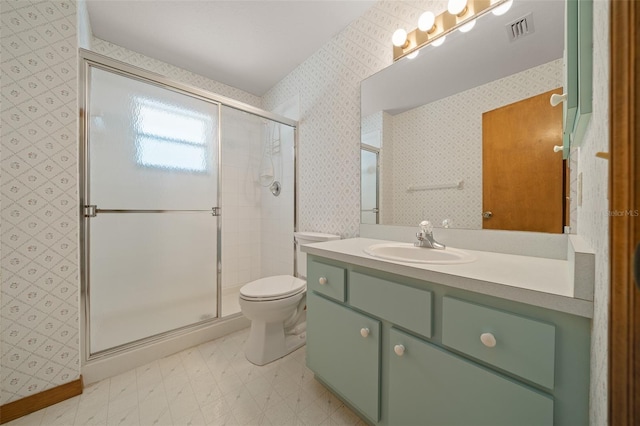 full bath featuring wallpapered walls, toilet, visible vents, and a stall shower