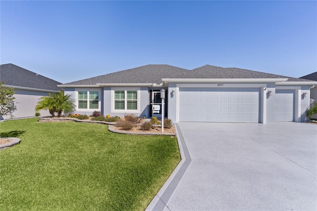 ranch-style home with a front lawn, an attached garage, driveway, and stucco siding