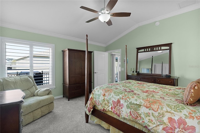 bedroom with visible vents, ceiling fan, vaulted ceiling, crown molding, and light colored carpet