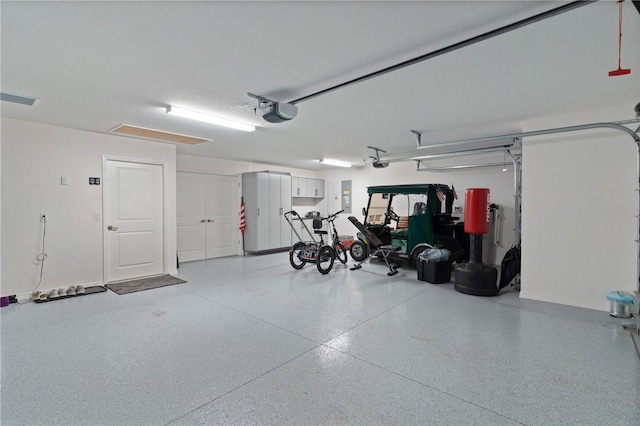 garage featuring electric panel and a garage door opener