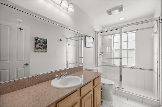 bathroom featuring vanity, visible vents, tile patterned flooring, a shower stall, and toilet