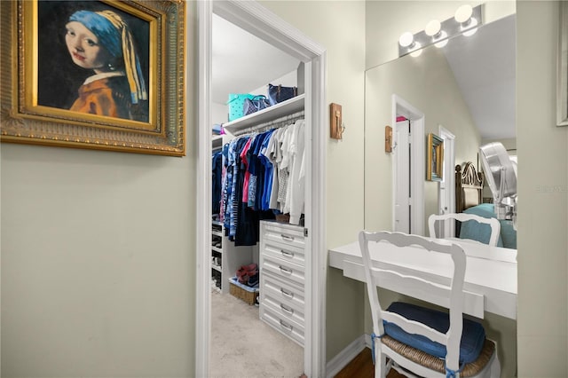 walk in closet with light carpet