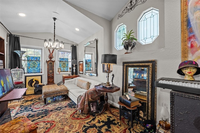 living room featuring an inviting chandelier, lofted ceiling, recessed lighting, and baseboards