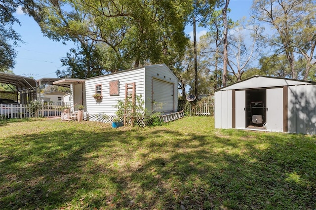 view of shed featuring fence and a pergola