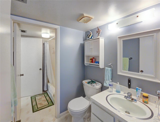 full bathroom featuring visible vents, toilet, and vanity