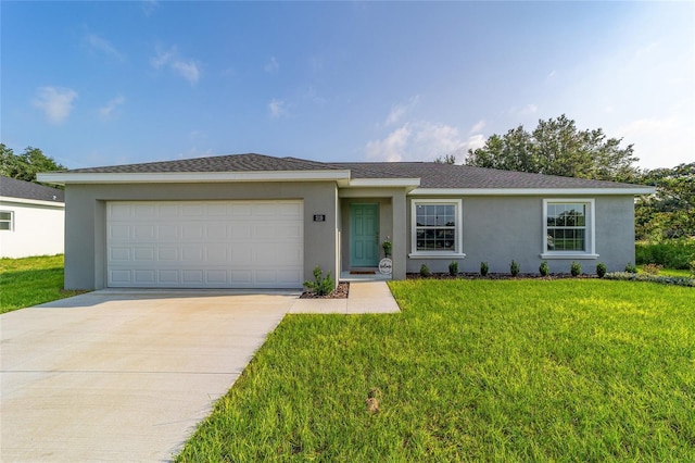 single story home featuring stucco siding, a front lawn, driveway, roof with shingles, and an attached garage