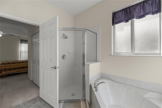 full bathroom with ceiling fan, a shower stall, a garden tub, tile patterned floors, and connected bathroom