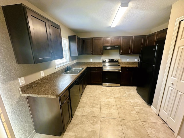 kitchen with black appliances, a sink, a textured ceiling, dark brown cabinetry, and light tile patterned flooring