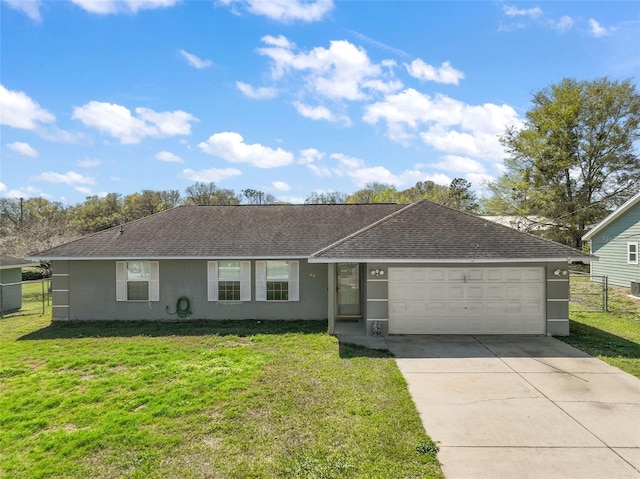 ranch-style house with stucco siding, concrete driveway, a front yard, and a shingled roof