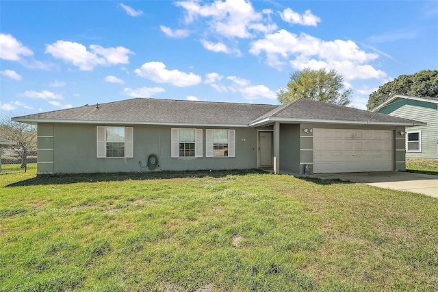 ranch-style house with stucco siding, fence, concrete driveway, a front yard, and a garage