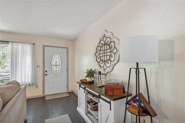 entrance foyer featuring baseboards, dark wood-style flooring, and a textured ceiling