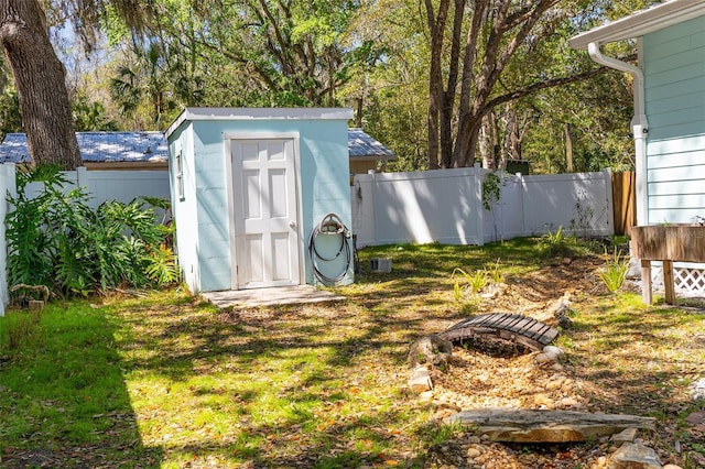 view of shed with a fenced backyard