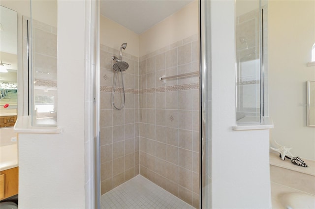 full bathroom with a stall shower and vanity