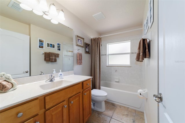 full bath featuring visible vents, toilet, vanity, and shower / bathtub combination with curtain